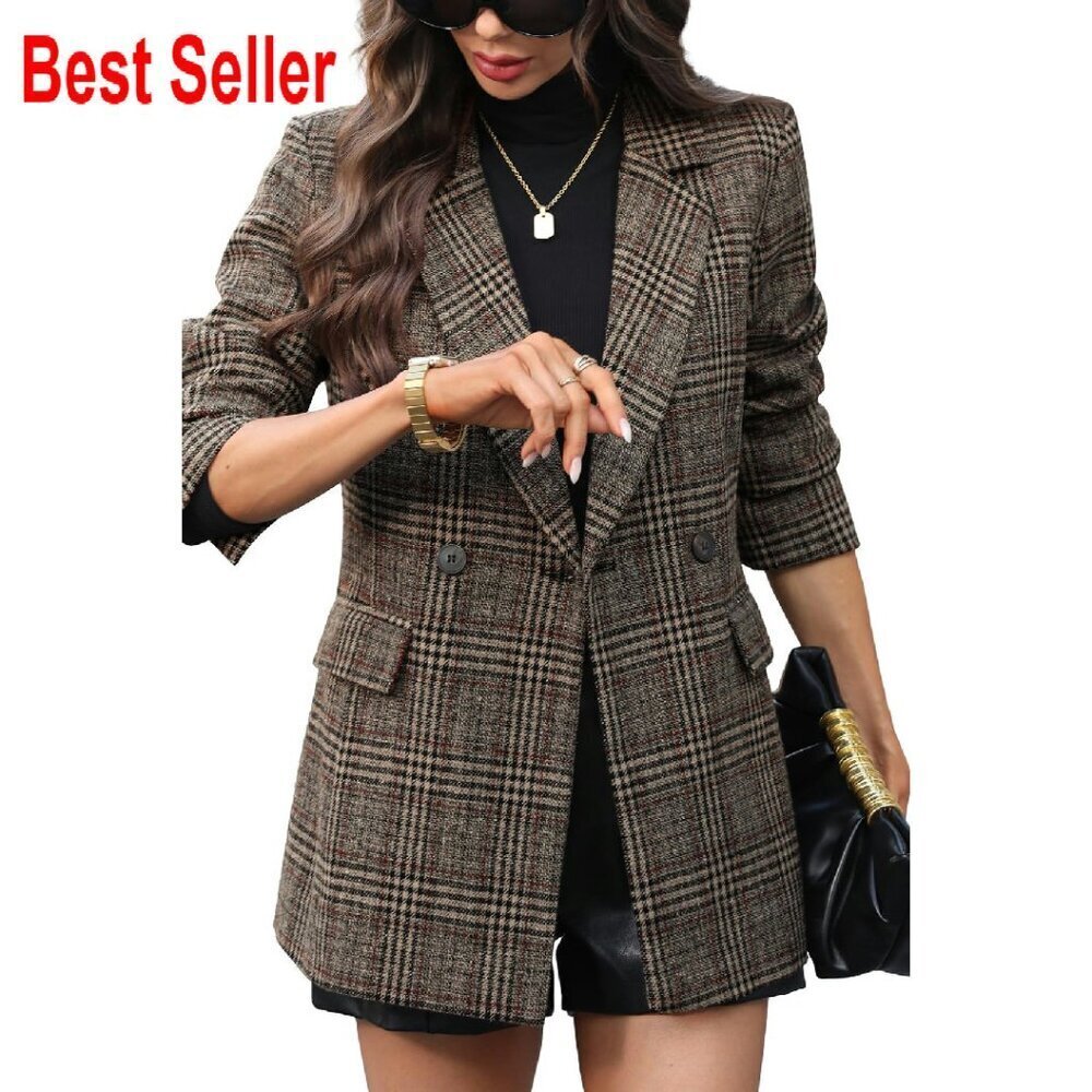 Houndstooth Plaid Tweed Blazer Double-Breasted Chic Work Office Jacket